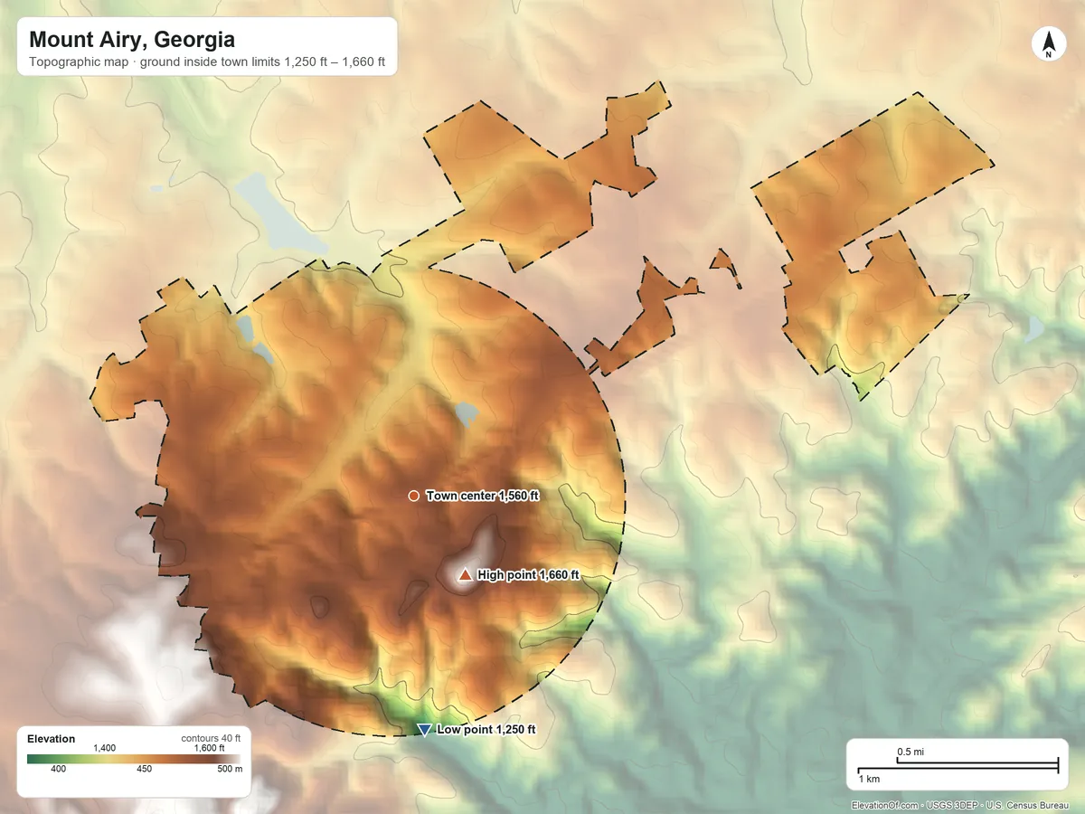 Topographic elevation map of Mount Airy, Georgia, shaded from 1,250 ft on the south side to 1,660 ft near the middle