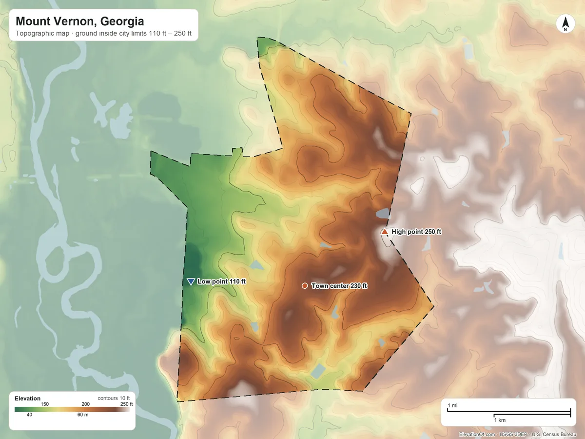Topographic elevation map of Mount Vernon, Georgia, shaded from 110 ft on the west side to 250 ft on the northeast side