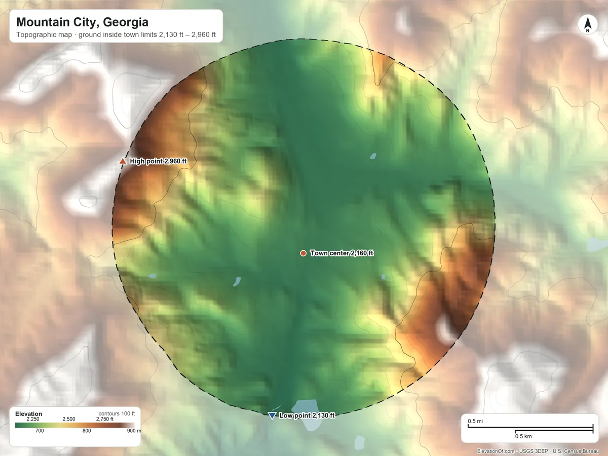 Topographic elevation map of Mountain City, Georgia, shaded from 2,130 ft on the south side to 2,960 ft on the northwest edge, below higher ground just outside