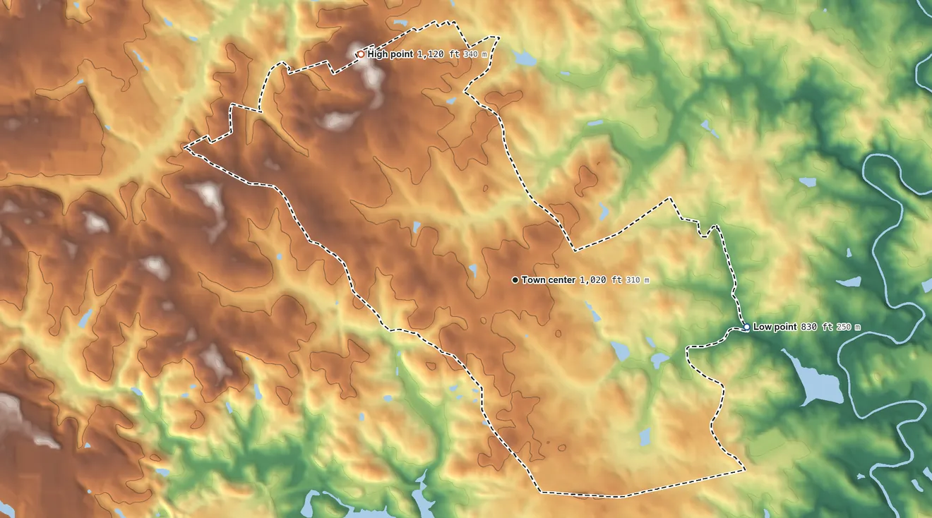 Topographic elevation map of Mountain Park, Georgia, shaded from 830 ft on the east side to 1,120 ft on the northwest side