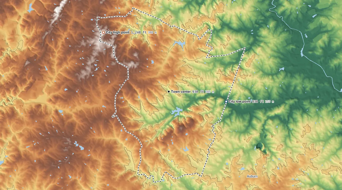 Topographic elevation map of Mulberry, Georgia, shaded from 830 ft on the east side to 1,240 ft on the northwest side