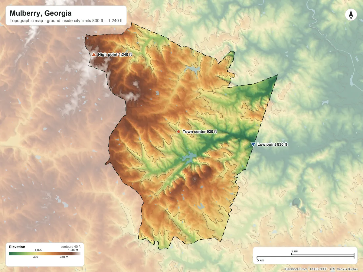 Topographic elevation map of Mulberry, Georgia, shaded from 830 ft on the east side to 1,240 ft on the northwest side