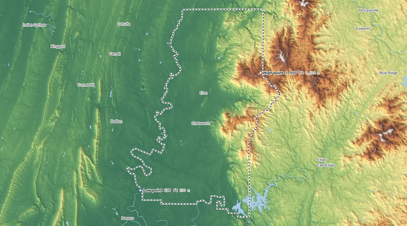 Topographic elevation map of Murray County, Georgia, shaded from 630 ft on the southwest side to 4,000 ft on Bald Mountain