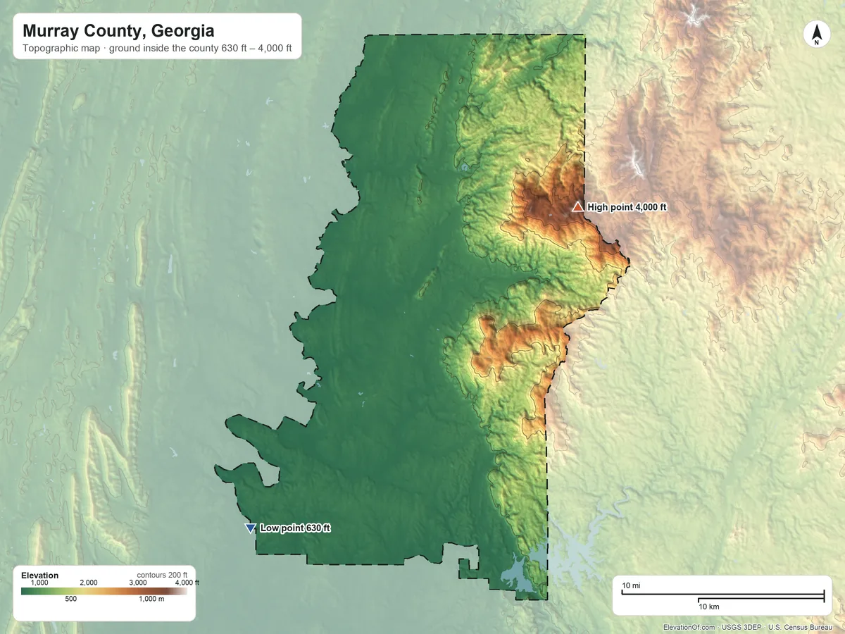 Topographic elevation map of Murray County, Georgia, shaded from 630 ft on the southwest side to 4,000 ft on Bald Mountain