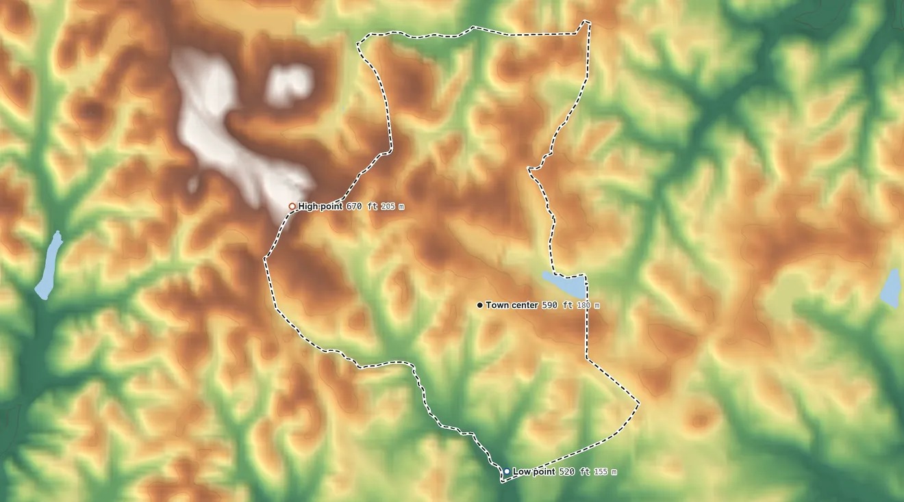 Topographic elevation map of Musella, Georgia, shaded from 520 ft on the south side to 670 ft on the northwest side
