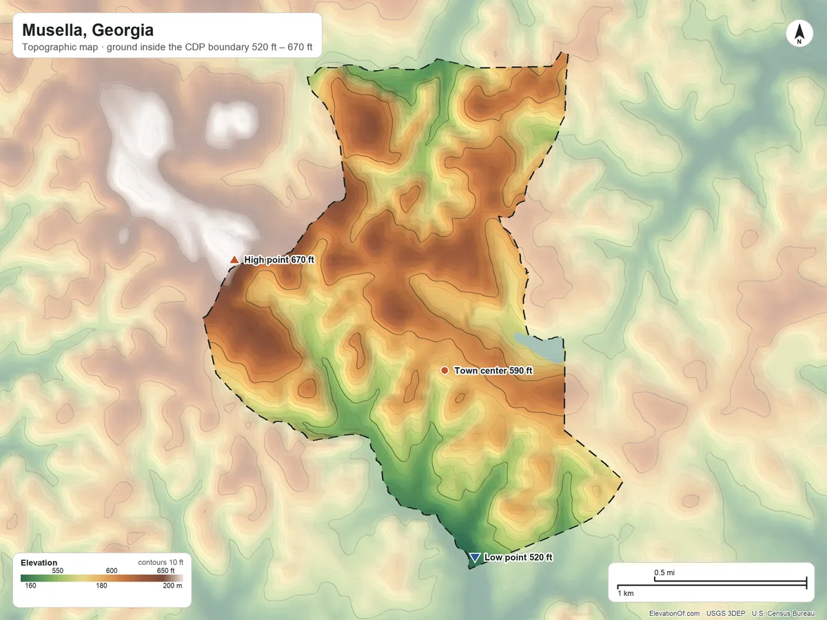 Topographic elevation map of Musella, Georgia, shaded from 520 ft on the south side to 670 ft on the northwest side