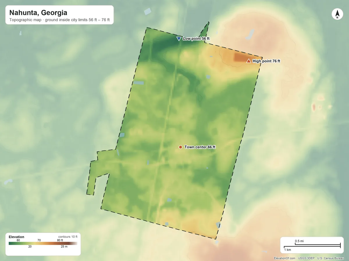 Topographic elevation map of Nahunta, Georgia, shaded from 56 ft on the north side to 76 ft on the northeast side