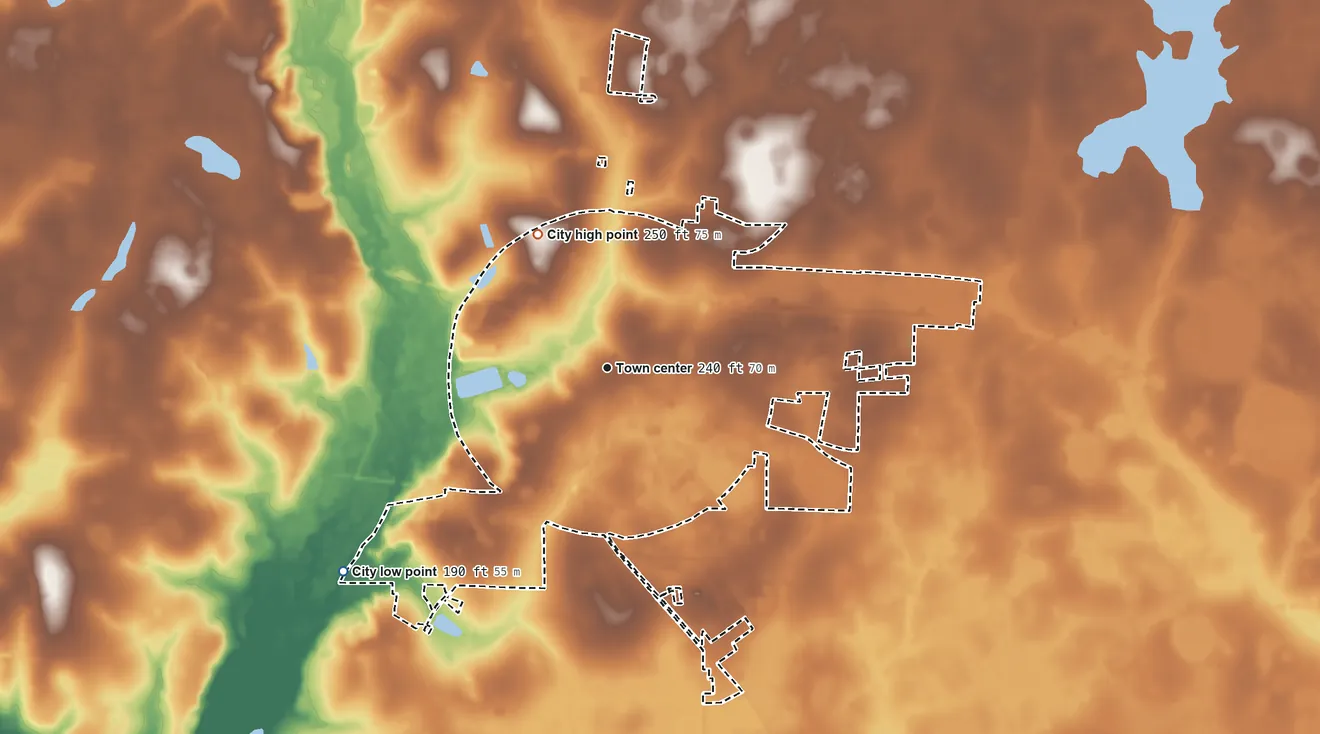 Topographic elevation map of Nashville, Georgia, shaded from 190 ft on the southwest side to 250 ft on the northwest side