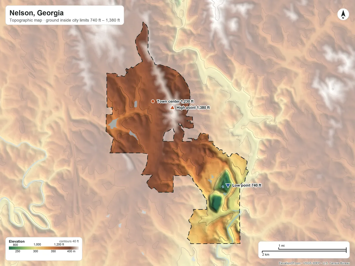 Topographic elevation map of Nelson, Georgia, shaded from 740 ft on the southeast side to 1,380 ft near the middle