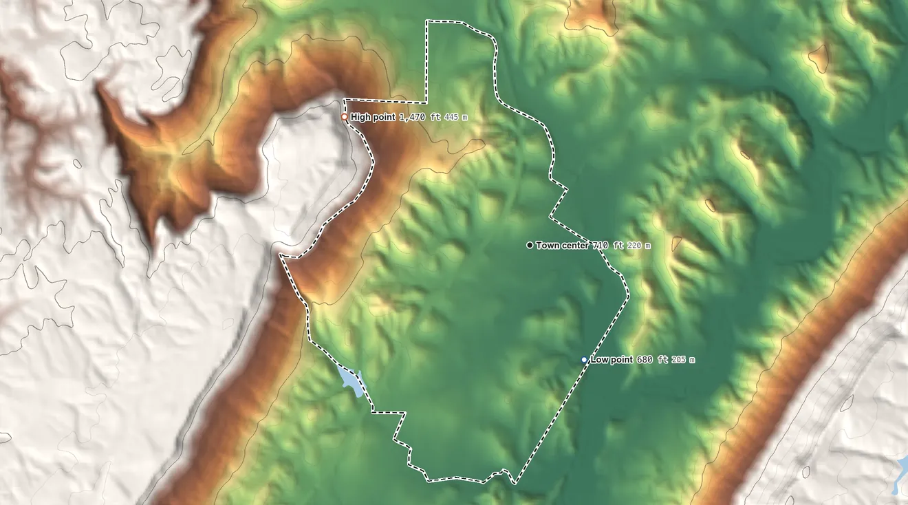 Topographic elevation map of New England, Georgia, shaded from 680 ft on the southeast side to 1,470 ft on the northwest side