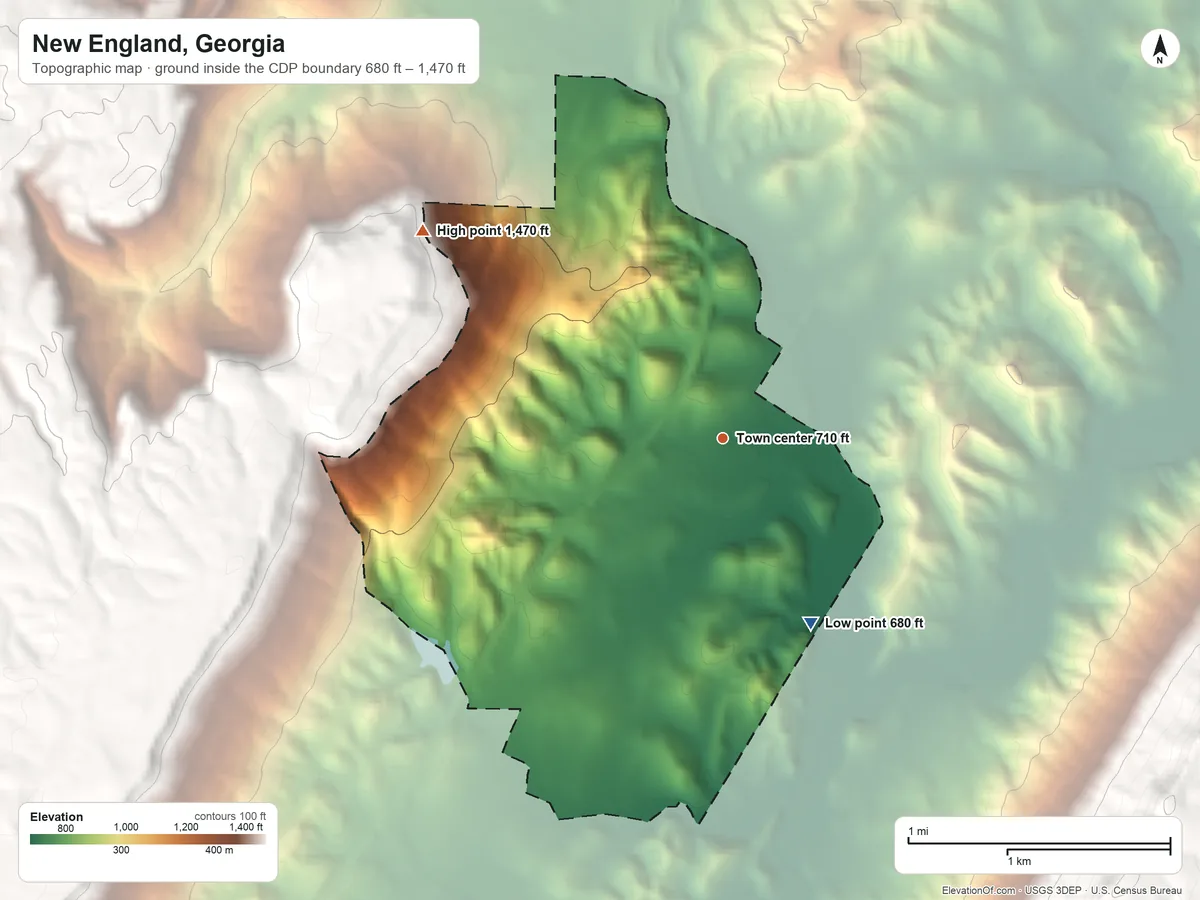 Topographic elevation map of New England, Georgia, shaded from 680 ft on the southeast side to 1,470 ft on the northwest side