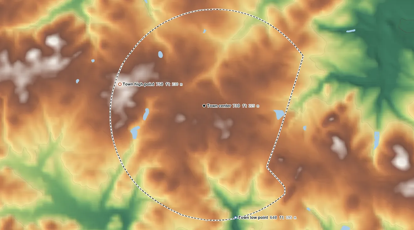 Topographic elevation map of Newborn, Georgia, shaded from 640 ft on the south side to 750 ft on the west side