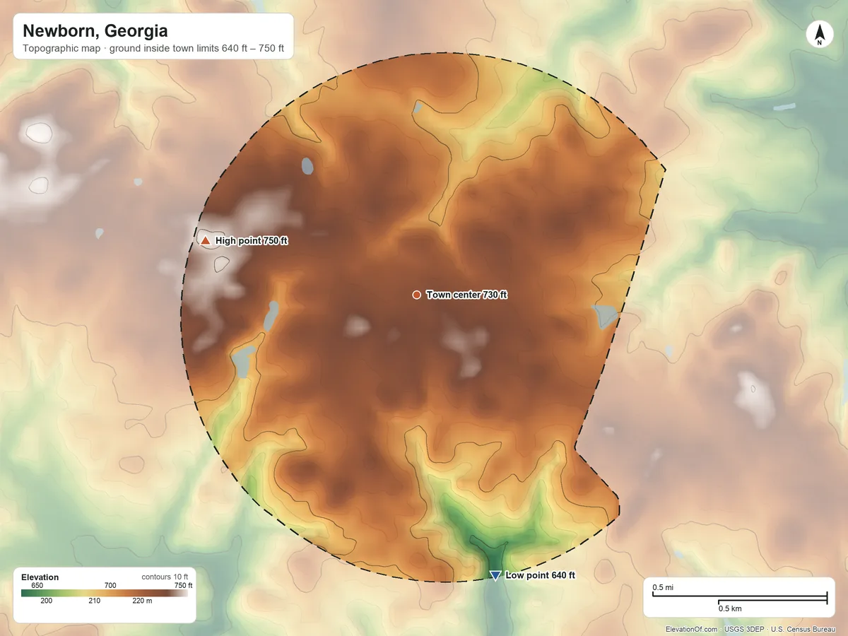 Topographic elevation map of Newborn, Georgia, shaded from 640 ft on the south side to 750 ft on the west side