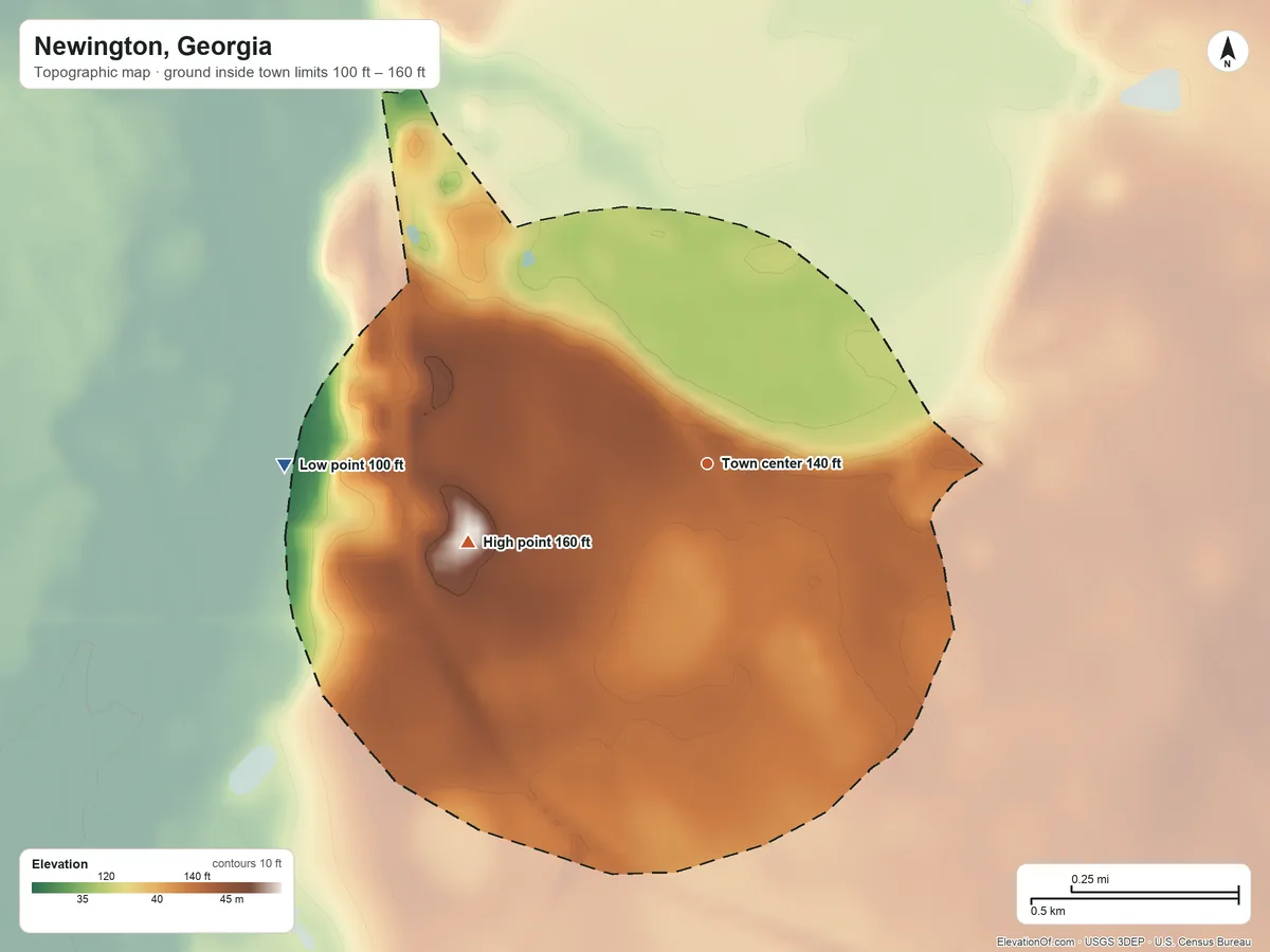 Topographic elevation map of Newington, Georgia, shaded from 100 ft on the west side to 160 ft on the west side