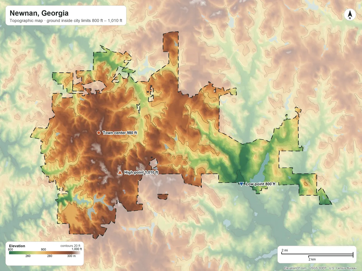 Topographic elevation map of Newnan, Georgia, shaded from 800 ft on the east side to 1,010 ft on the southeast side