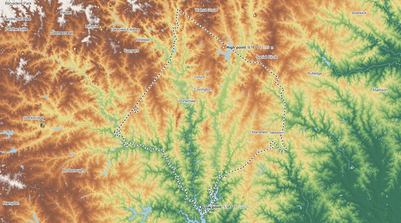 Topographic elevation map of Newton County, Georgia, shaded from 530 ft on the south side to 970 ft on Cornish Mountain