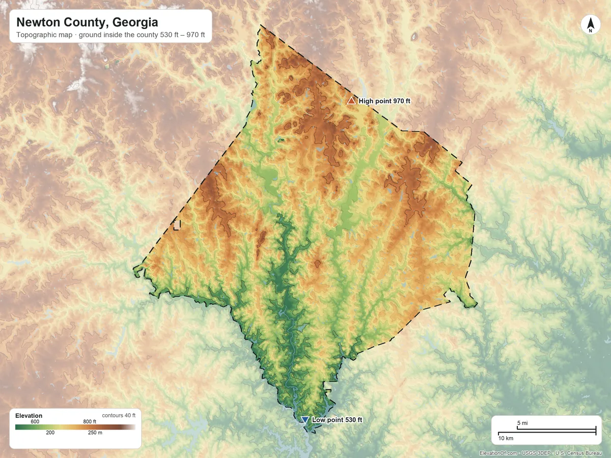 Topographic elevation map of Newton County, Georgia, shaded from 530 ft on the south side to 970 ft on Cornish Mountain