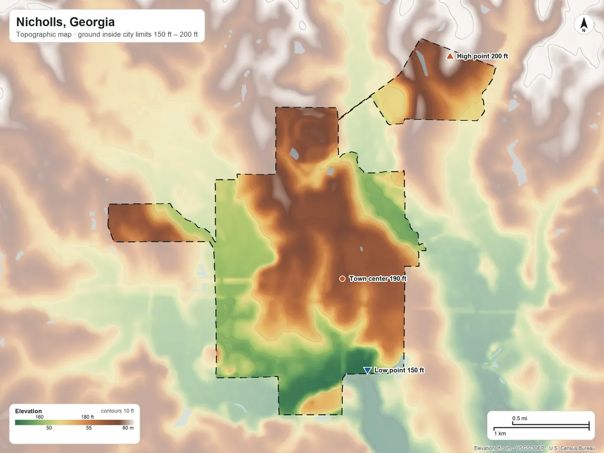 Topographic elevation map of Nicholls, Georgia, shaded from 150 ft on the south side to 200 ft on the northeast side