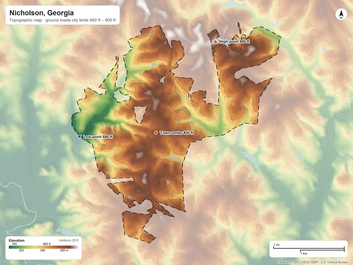 Topographic elevation map of Nicholson, Georgia, shaded from 680 ft on the west side to 900 ft on the northeast side