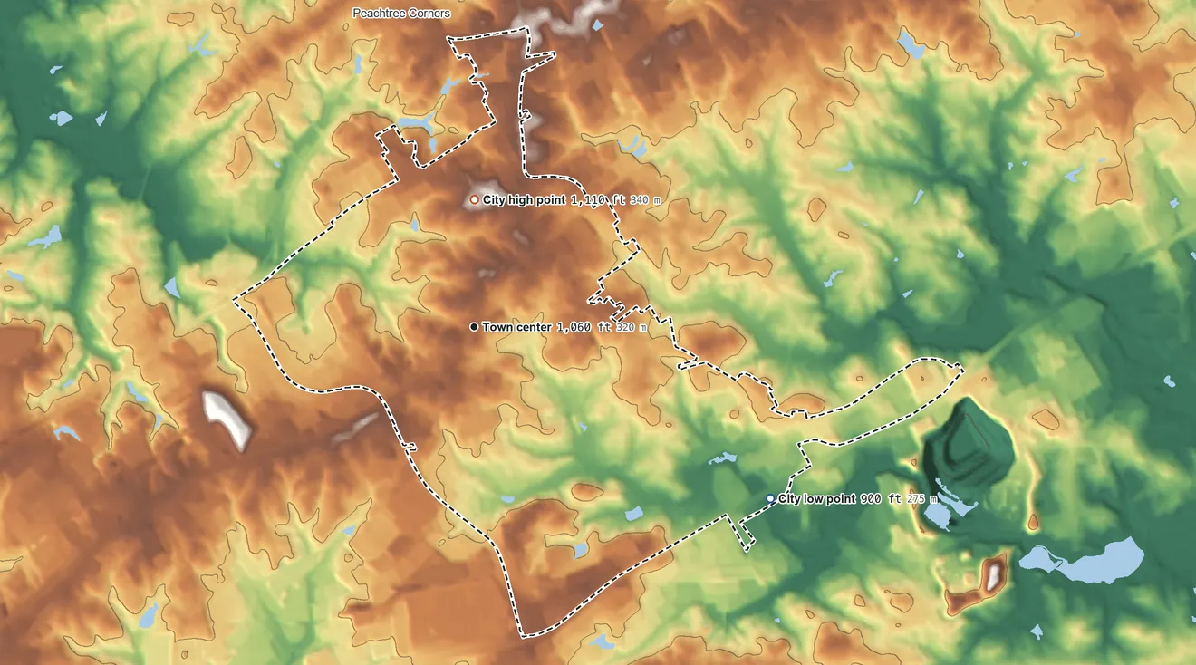 Topographic elevation map of Norcross, Georgia, shaded from 900 ft on the southeast side to 1,110 ft on the north side