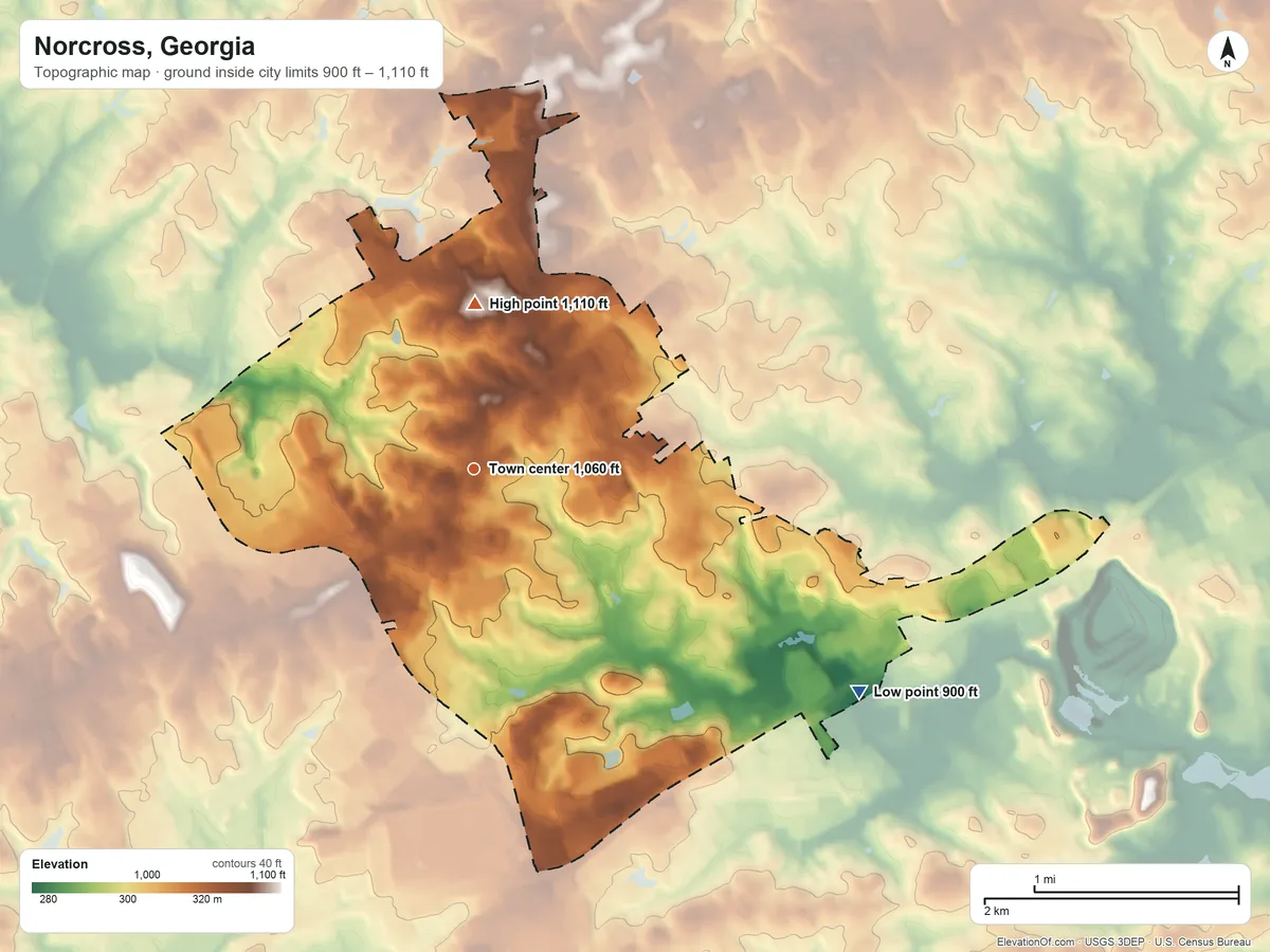 Topographic elevation map of Norcross, Georgia, shaded from 900 ft on the southeast side to 1,110 ft on the north side
