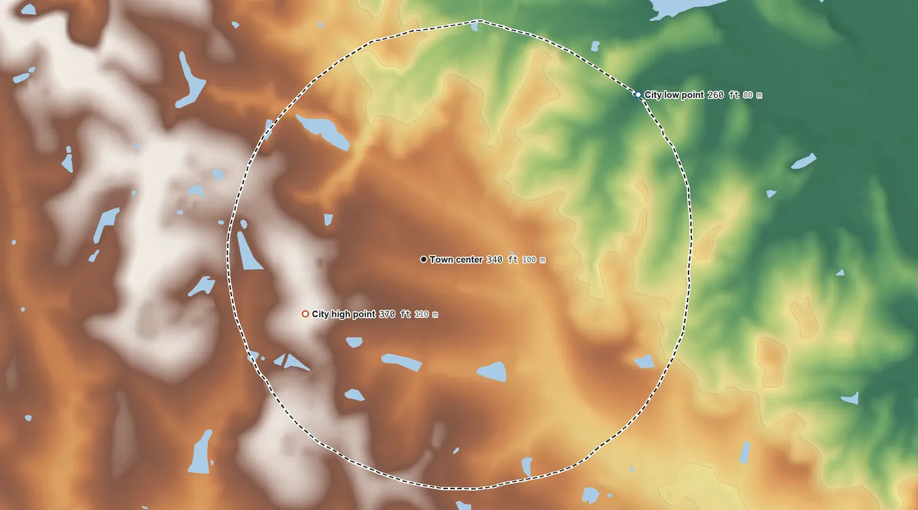Topographic elevation map of Norman Park, Georgia, shaded from 260 ft on the northeast side to 370 ft on the southwest side