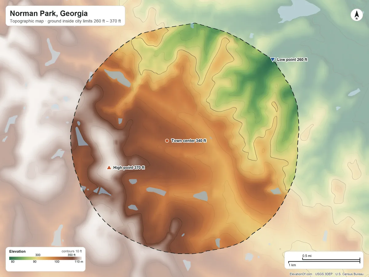 Topographic elevation map of Norman Park, Georgia, shaded from 260 ft on the northeast side to 370 ft on the southwest side