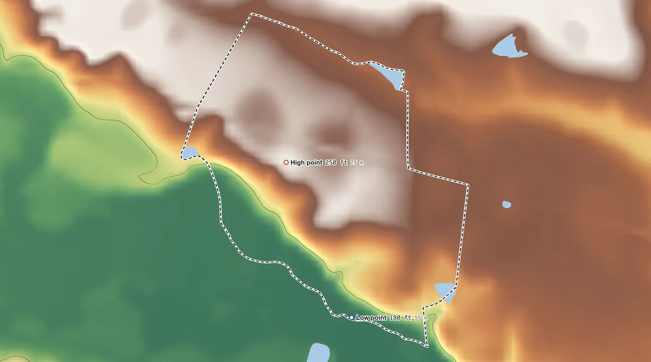Topographic elevation map of Norristown, Georgia, shaded from 180 ft on the south side to 250 ft on the northwest side