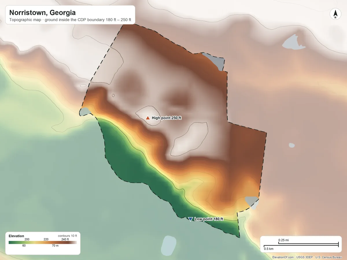 Topographic elevation map of Norristown, Georgia, shaded from 180 ft on the south side to 250 ft on the northwest side