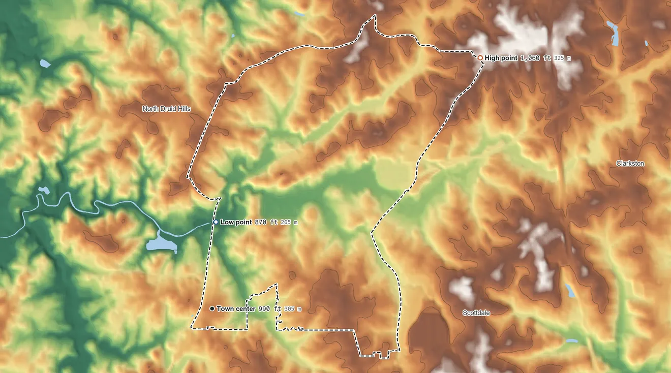 Topographic elevation map of North Decatur, Georgia, shaded from 870 ft on the north side to 1,060 ft on the northeast side