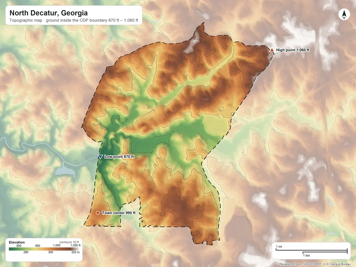 Topographic elevation map of North Decatur, Georgia, shaded from 870 ft on the north side to 1,060 ft on the northeast side