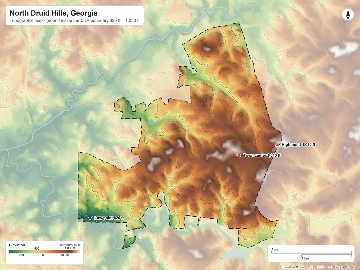 Topographic elevation map of North Druid Hills, Georgia, shaded from 820 ft on the southwest side to 1,030 ft on the east side