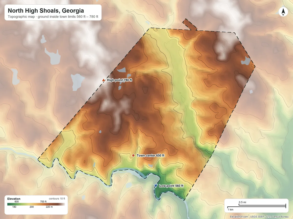 Topographic elevation map of North High Shoals, Georgia, shaded from 560 ft on the southeast side to 780 ft on the north side