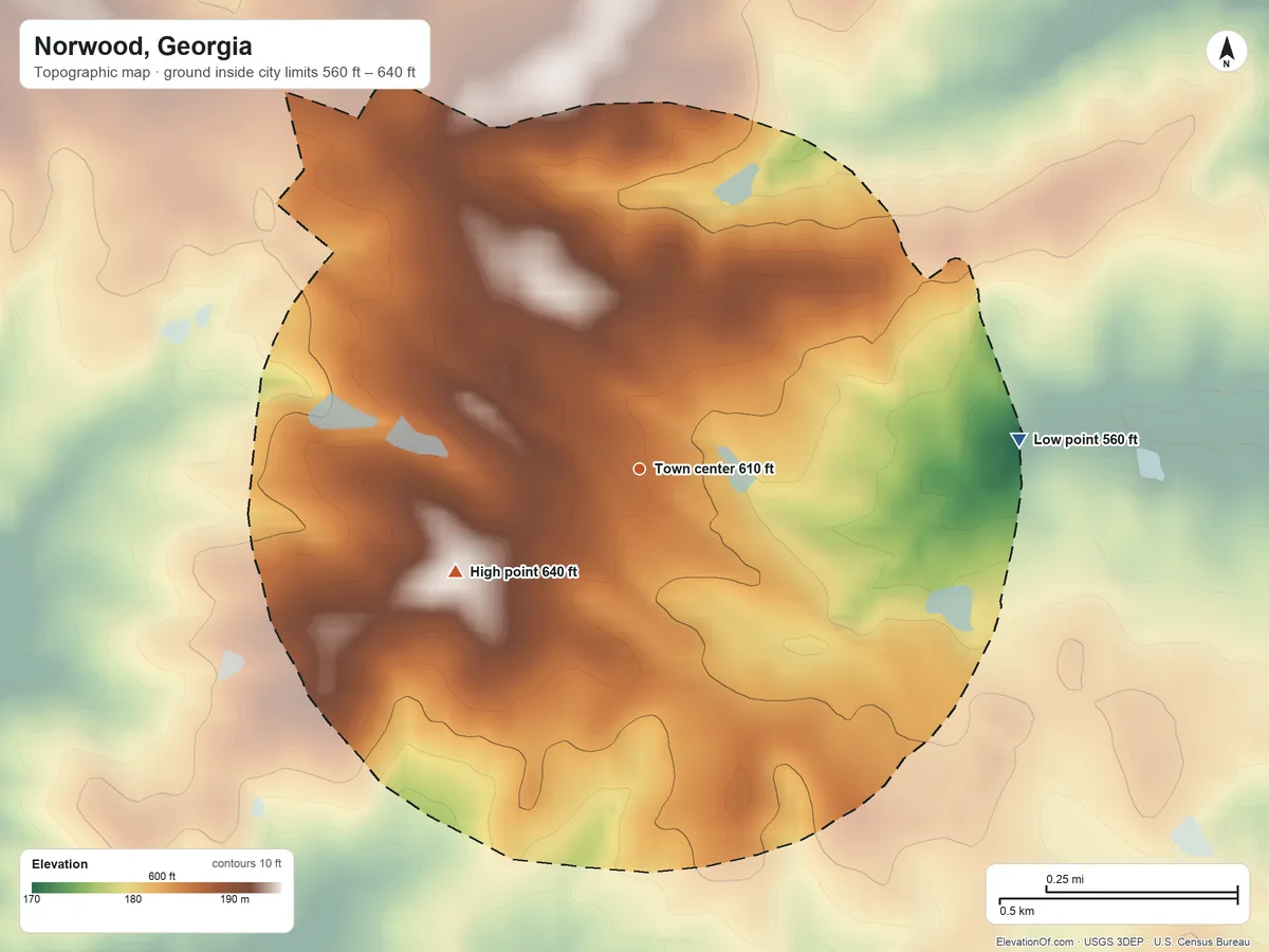 Topographic elevation map of Norwood, Georgia, shaded from 560 ft on the east side to 640 ft on the southwest side