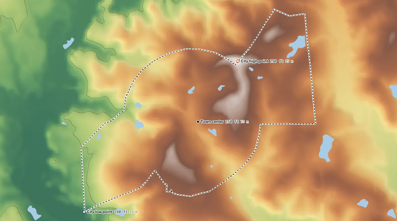 Topographic elevation map of Nunez, Georgia, shaded from 180 ft on the southwest side to 290 ft on the northeast side