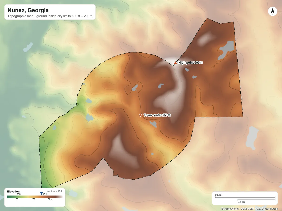 Topographic elevation map of Nunez, Georgia, shaded from 180 ft on the southwest side to 290 ft on the northeast side