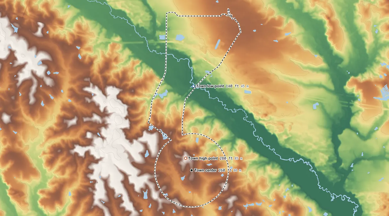 Topographic elevation map of Oak Park, Georgia, shaded from 140 ft on the north side to 280 ft near the middle