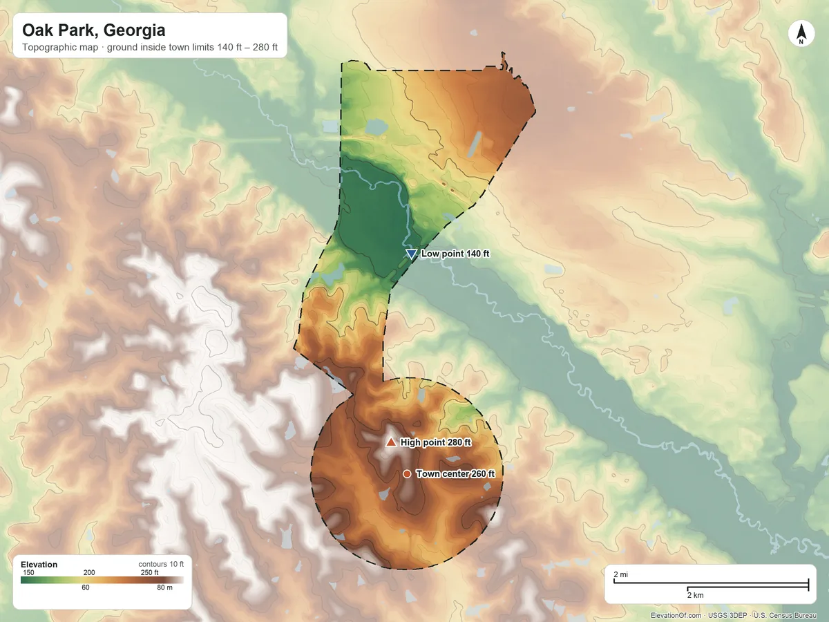 Topographic elevation map of Oak Park, Georgia, shaded from 140 ft on the north side to 280 ft near the middle