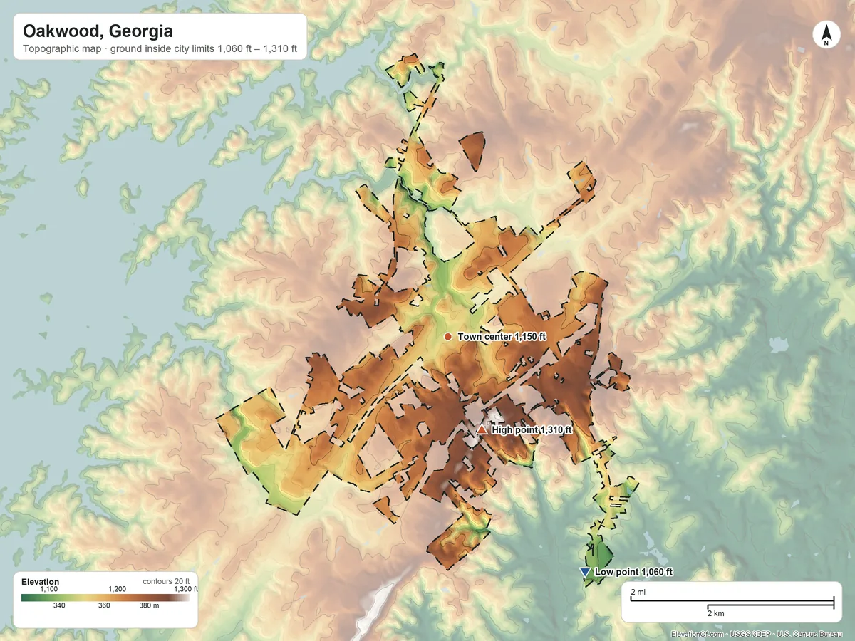 Topographic elevation map of Oakwood, Georgia, shaded from 1,060 ft on the southeast side to 1,310 ft on the south side