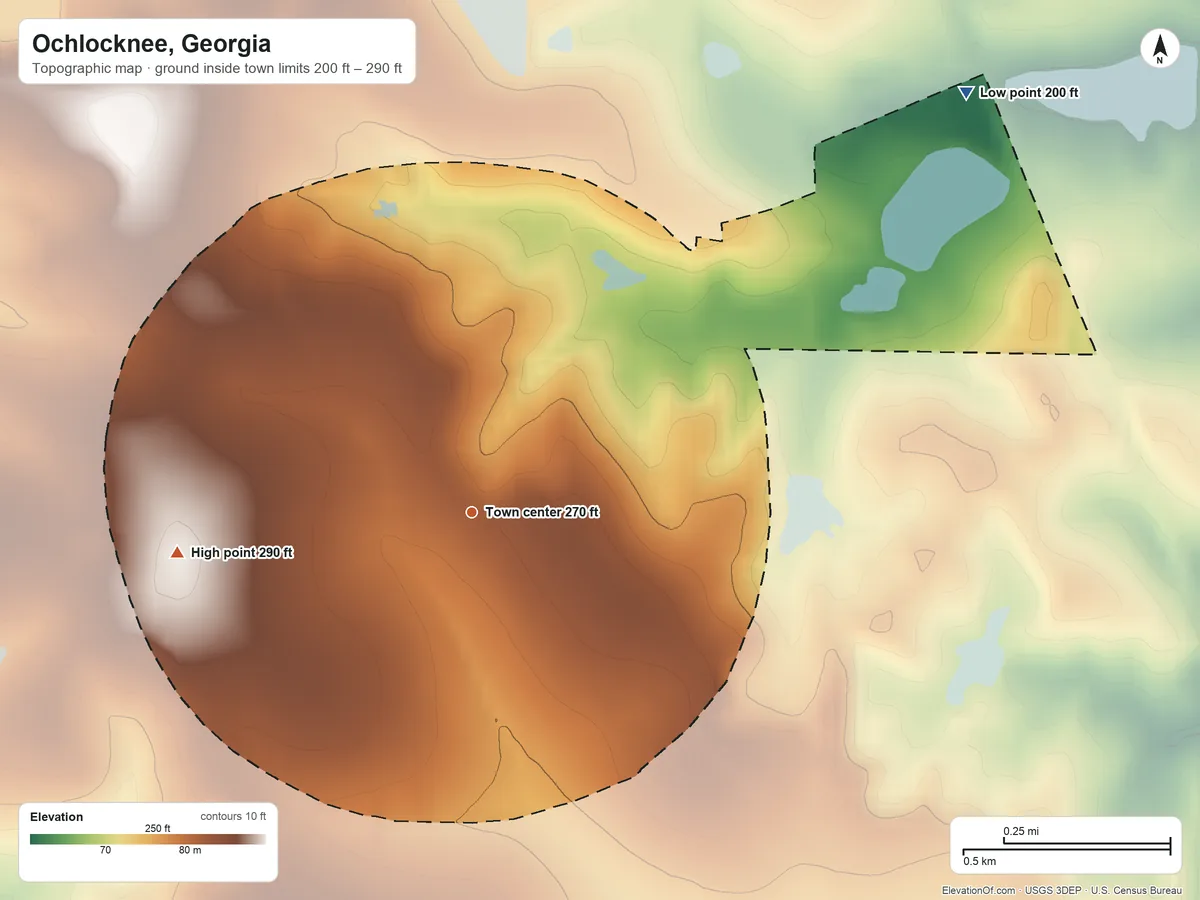 Topographic elevation map of Ochlocknee, Georgia, shaded from 200 ft on the northeast side to 290 ft on the west side