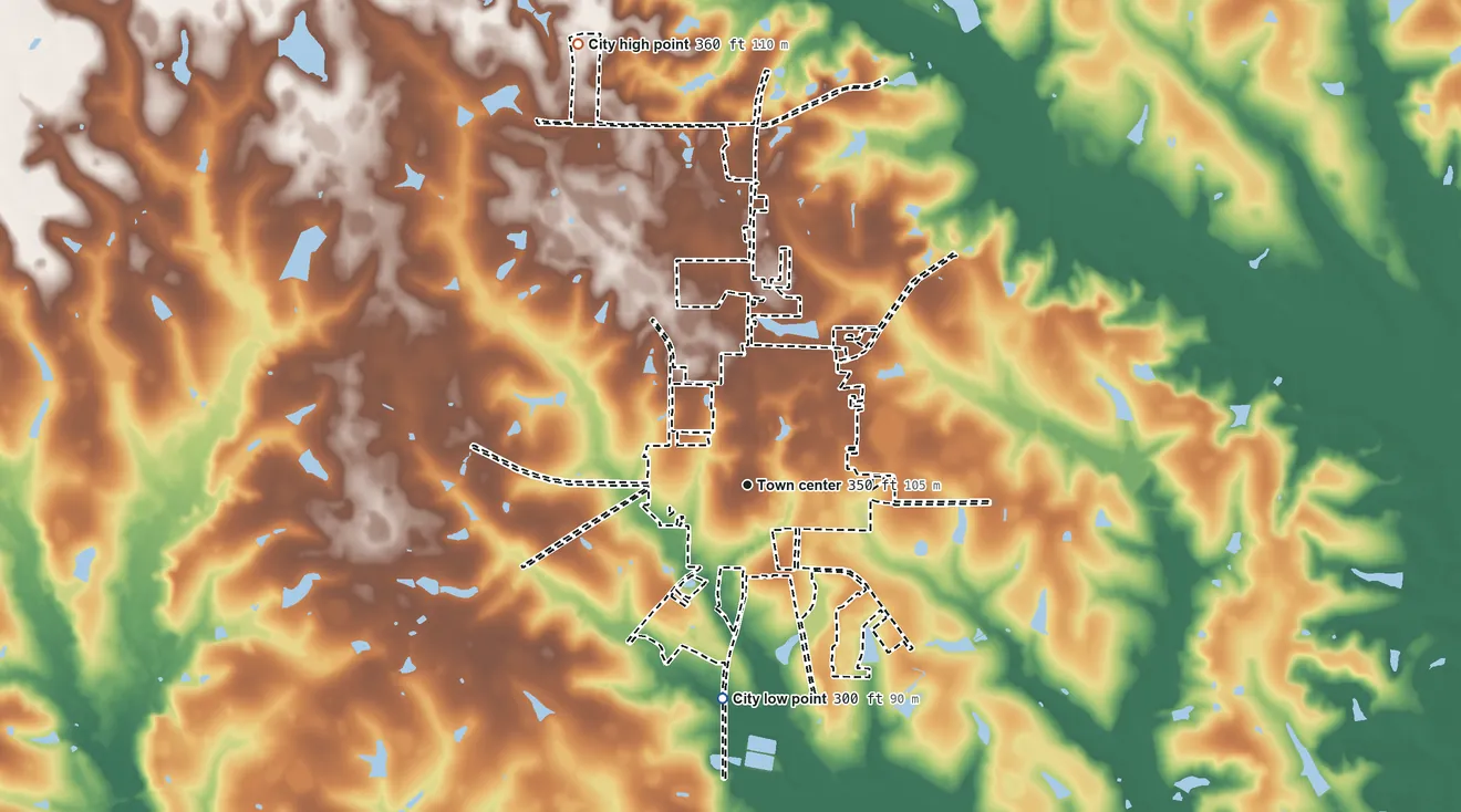 Topographic elevation map of Ocilla, Georgia, shaded from 300 ft on the south side to 360 ft on the north side