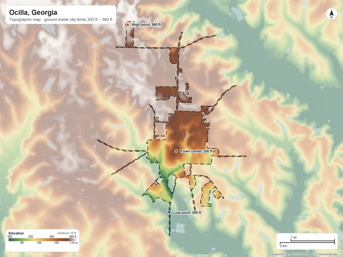 Topographic elevation map of Ocilla, Georgia, shaded from 300 ft on the south side to 360 ft on the north side