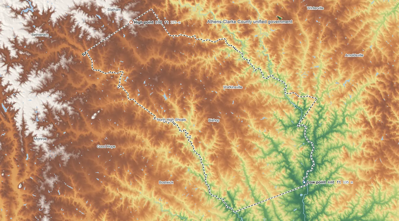 Topographic elevation map of Oconee County, Georgia, shaded from 440 ft on the southeast side to 890 ft on the northwest side