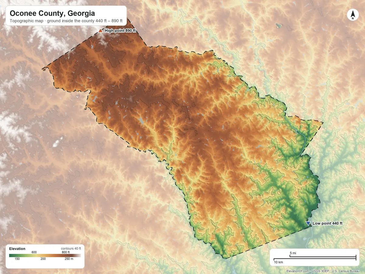 Topographic elevation map of Oconee County, Georgia, shaded from 440 ft on the southeast side to 890 ft on the northwest side
