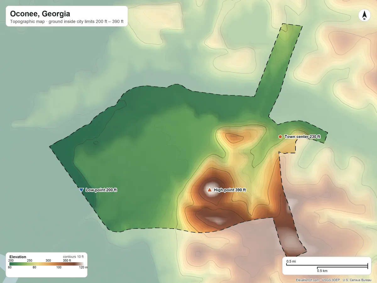 Topographic elevation map of Oconee, Georgia, shaded from 200 ft on the west side to 390 ft on the southwest side