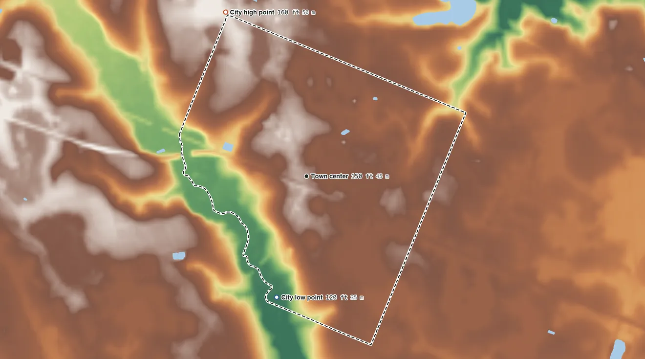 Topographic elevation map of Odum, Georgia, shaded from 120 ft on the south side to 160 ft on the northwest side