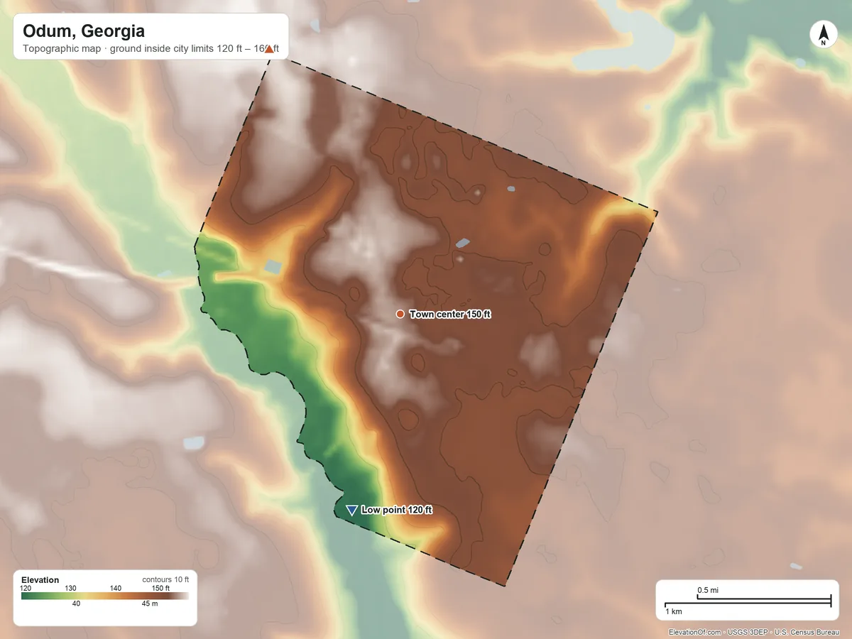 Topographic elevation map of Odum, Georgia, shaded from 120 ft on the south side to 160 ft on the northwest side