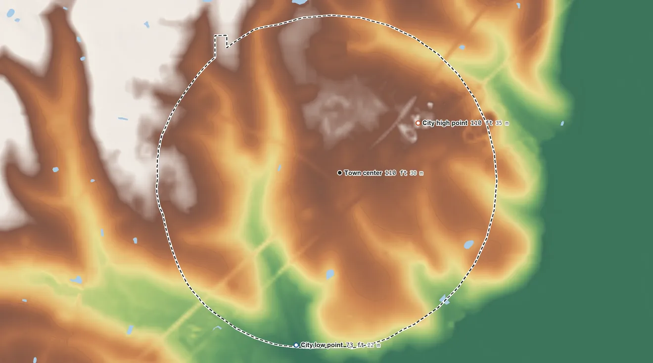 Topographic elevation map of Offerman, Georgia, shaded from 73 ft on the south side to 110 ft on the northeast side