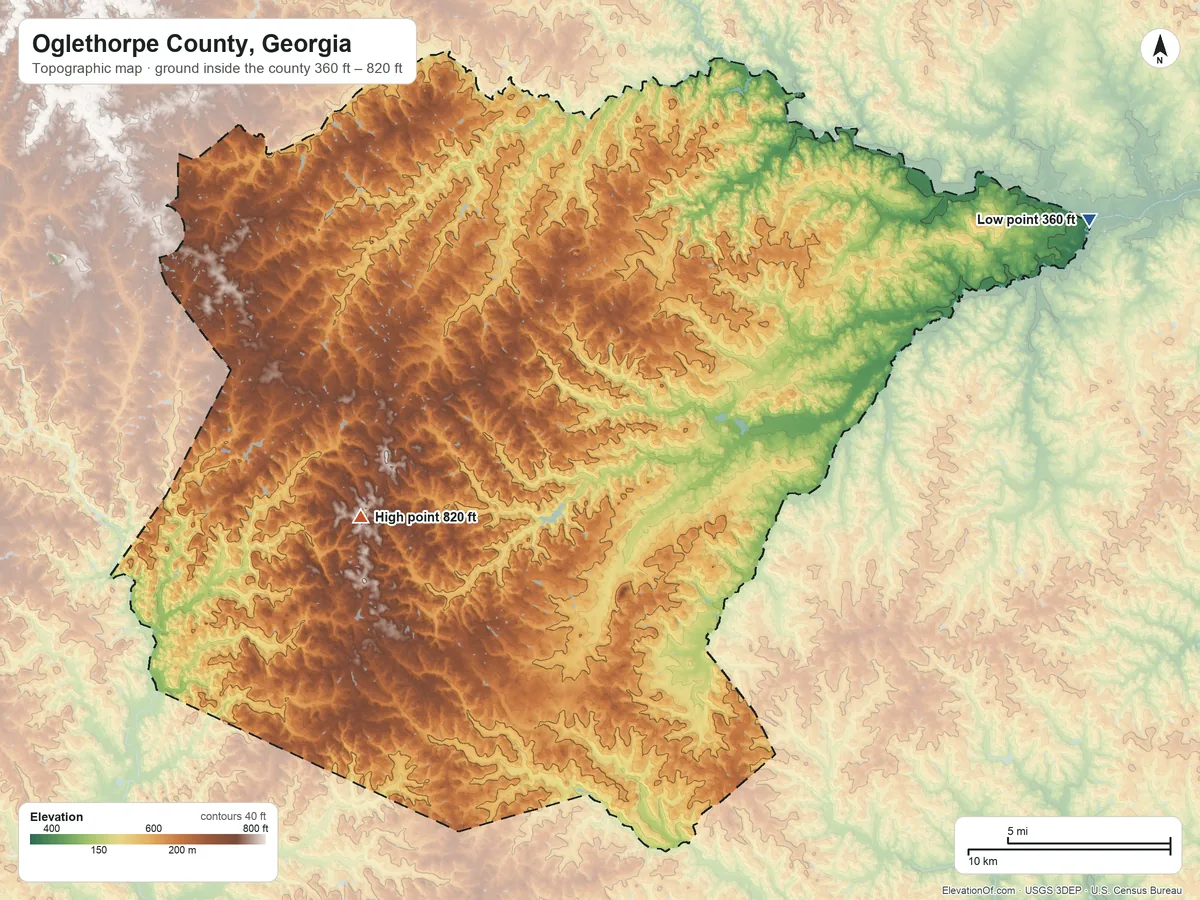Topographic elevation map of Oglethorpe County, Georgia, shaded from 360 ft on the northeast side to 820 ft on the west side