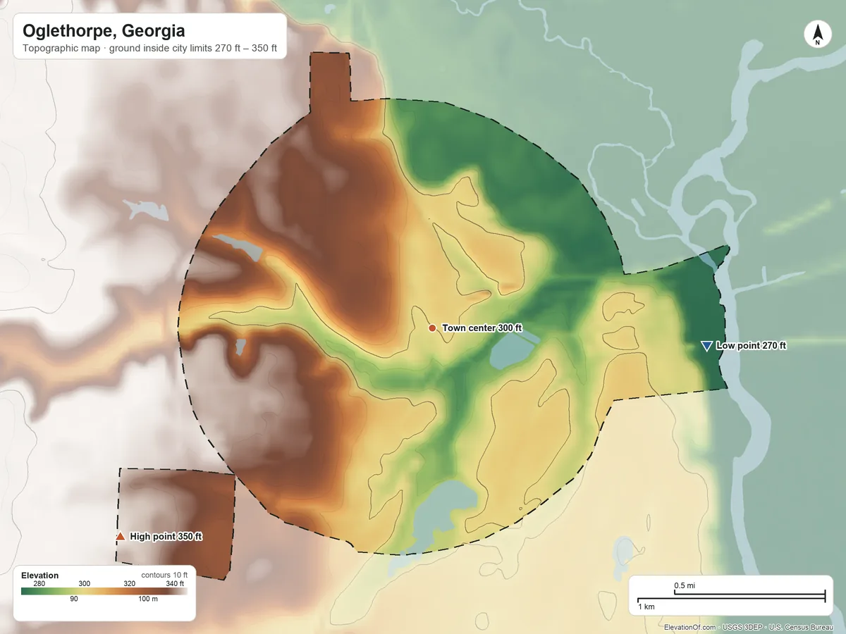 Topographic elevation map of Oglethorpe, Georgia, shaded from 270 ft on the east side to 350 ft on the southwest side